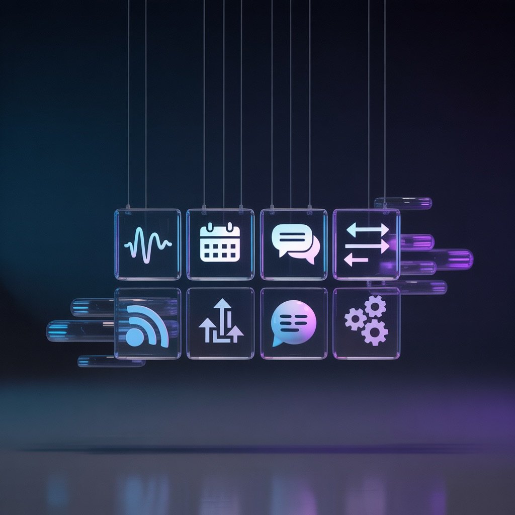 Virtual receptionist features including analytics, appointment scheduling, messaging, and call routing icons